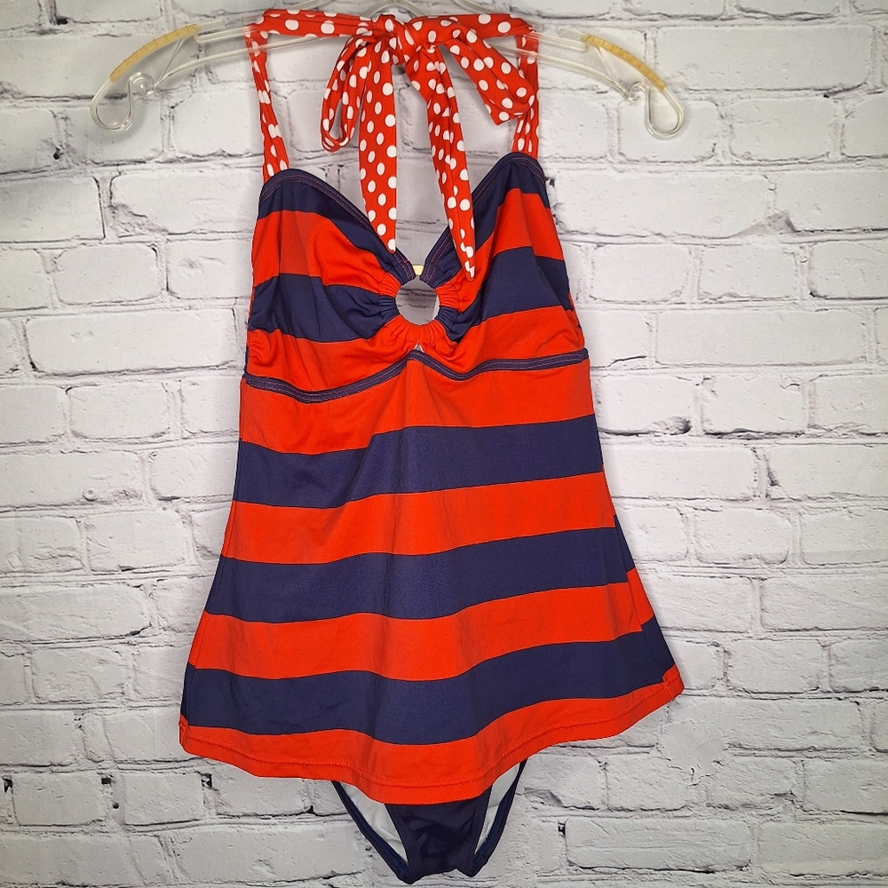 Tommy Hilfiger Red Blue Striped Halter  Tankini One Piece Swimsuit Sz 8